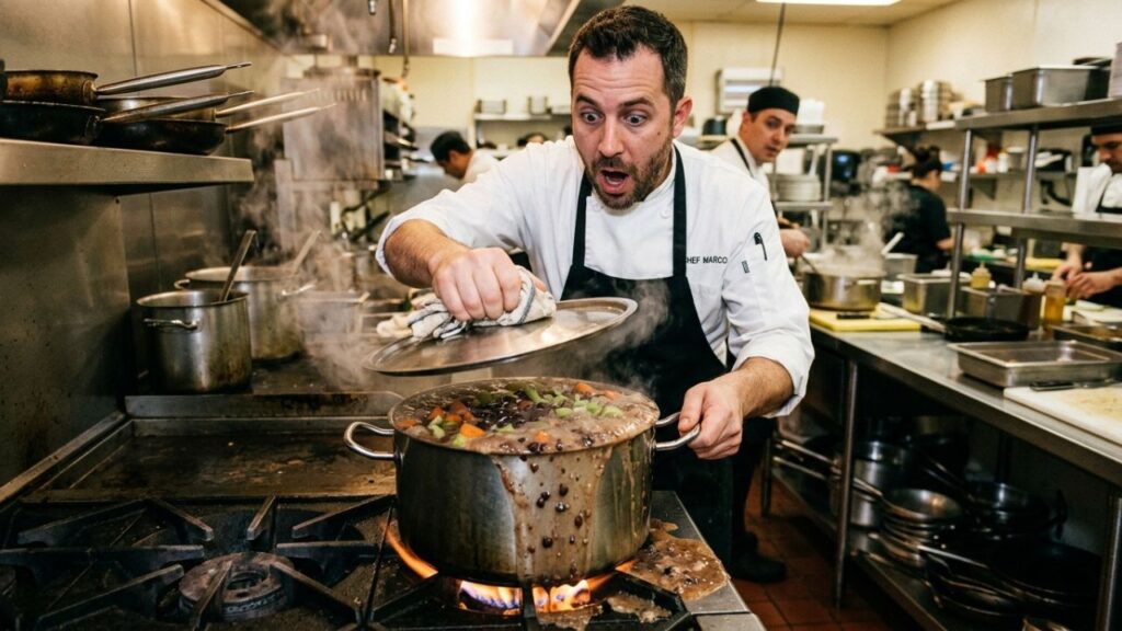 Cook checking pot of beans.