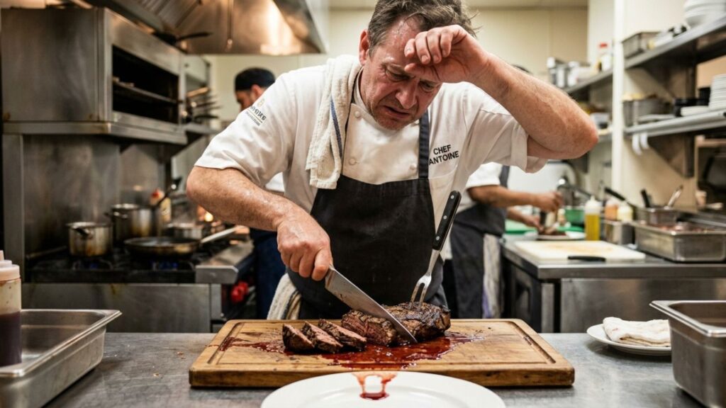 A person overcooking steak, resulting in a dry texture.