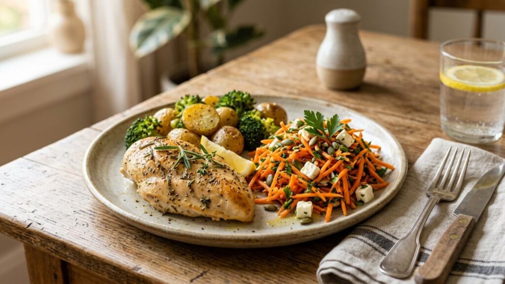 Carrot salad served with cooked food on a plate