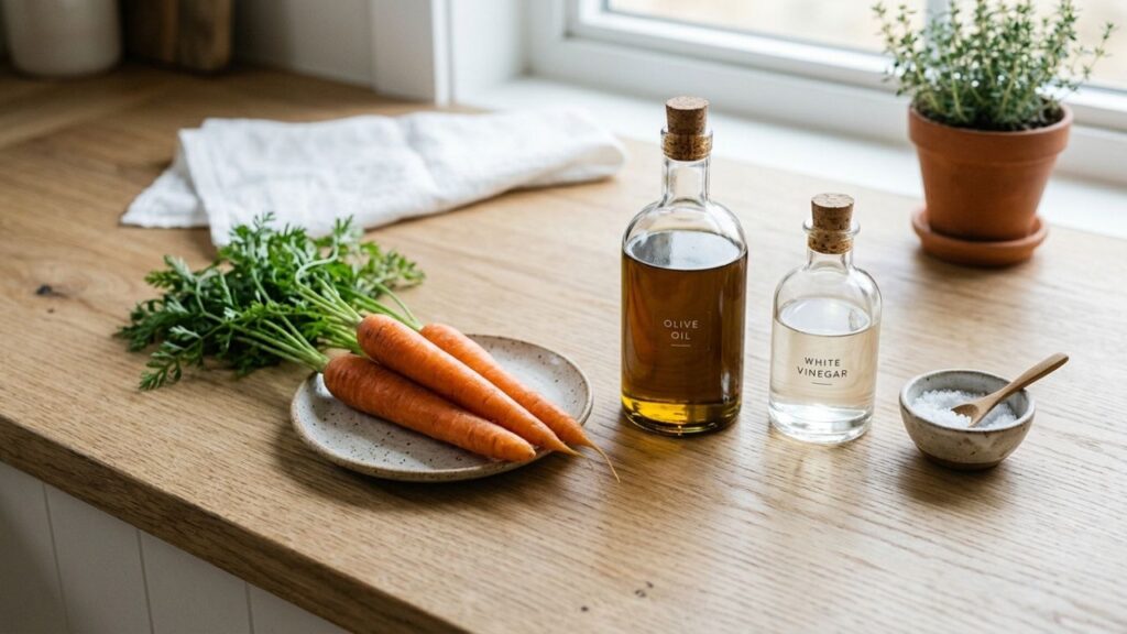 Carrots, oil, vinegar, salt in bowls
