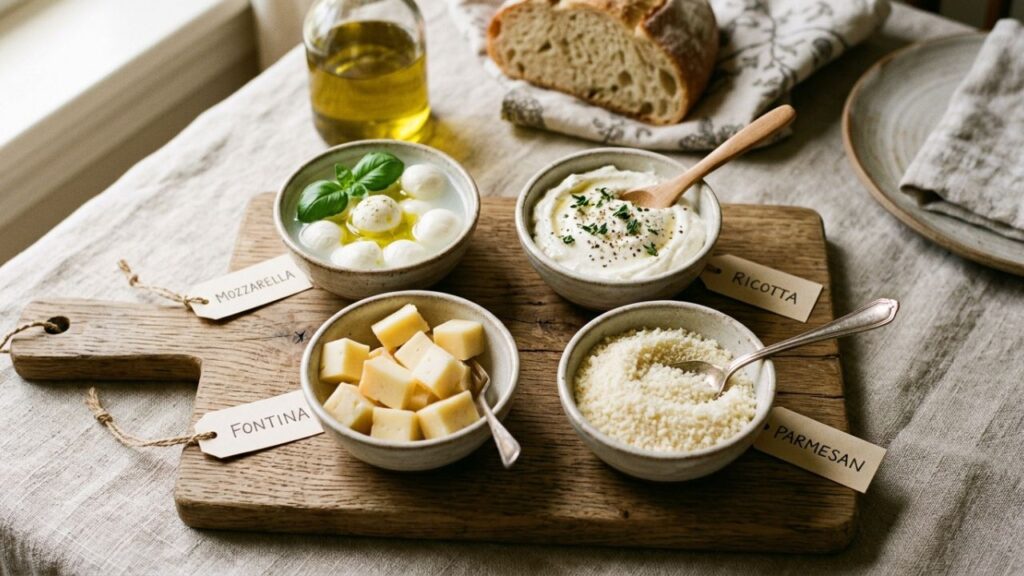 Mozzarella ricotta parmesan and fontina cheese in bowls
Title: Best Cheese for West Coast Pizza