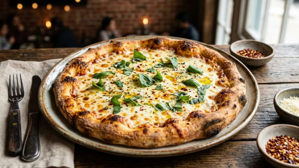 Halal cheese pizza with melted cheese.