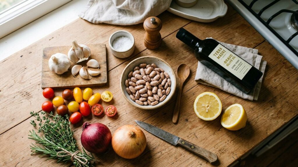 Fresh vegetables and dried bravo beans on counter