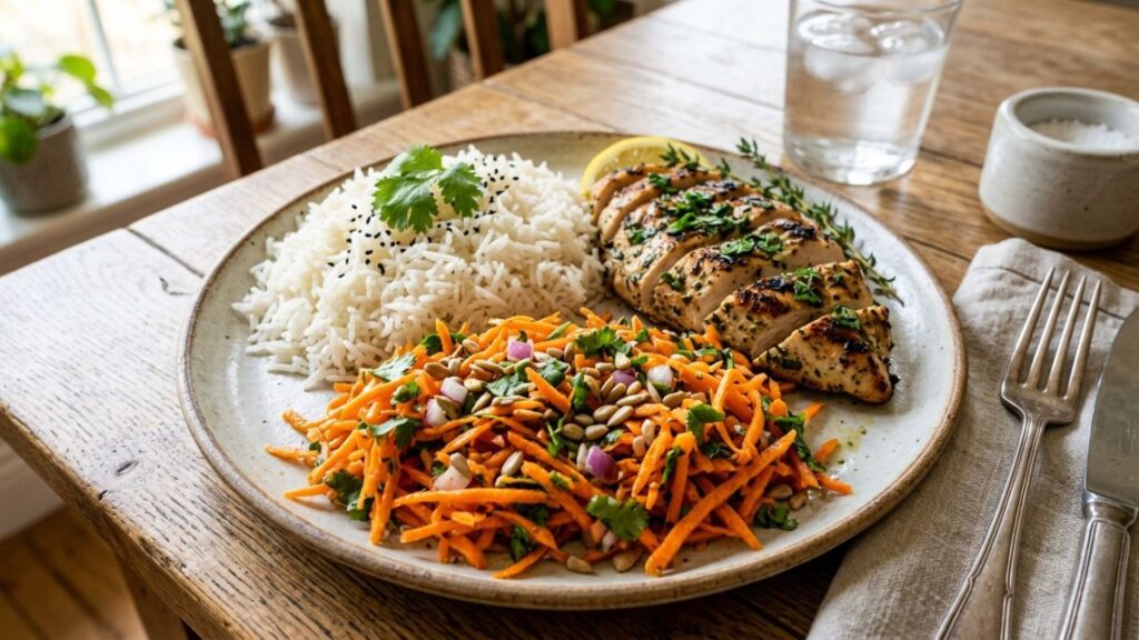 Salad served with rice and food