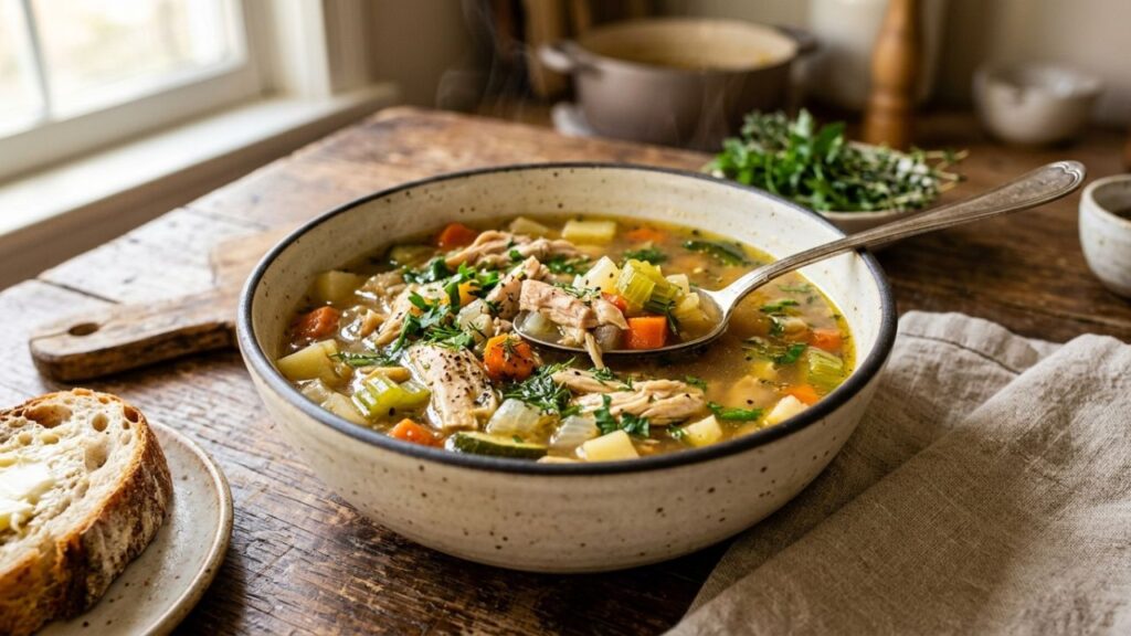 Healthy chicken back soup with vegetables