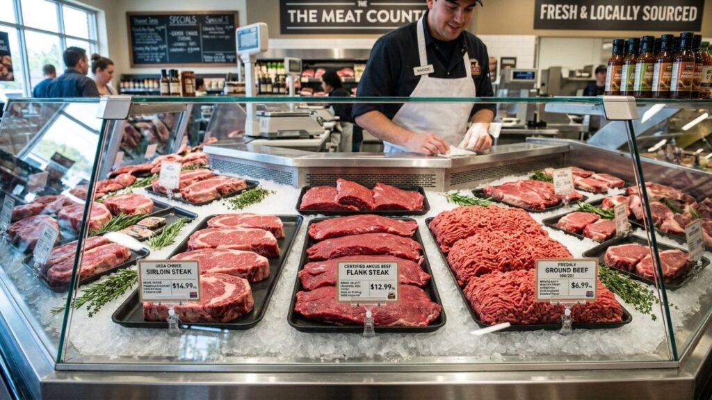 Fresh beef cuts with visible marbling at a butcher’s shop