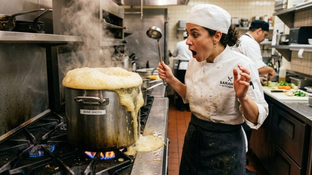 Overboiling bone broth causing foam and cloudiness.
