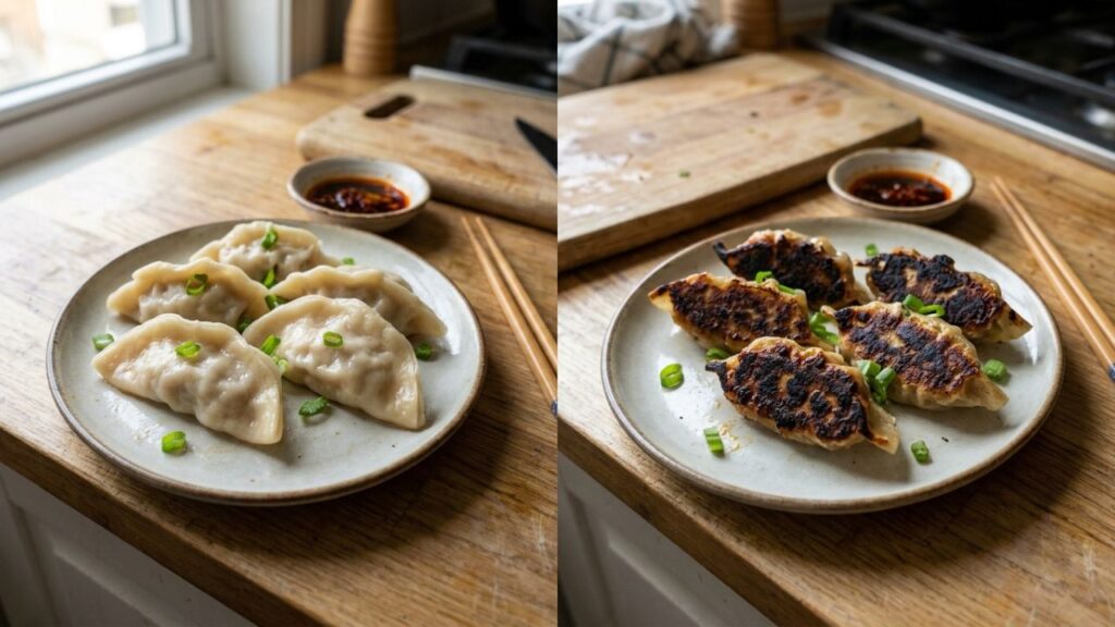 Overcooked and undercooked Peking ravioli