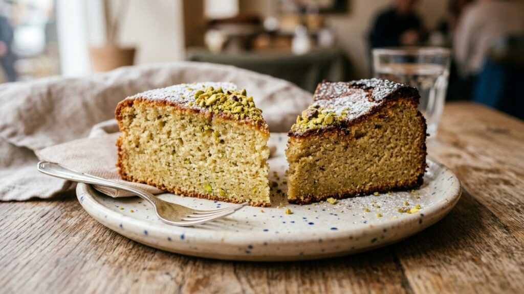 Pistachio ricotta cake with a slice removed, showing proper texture