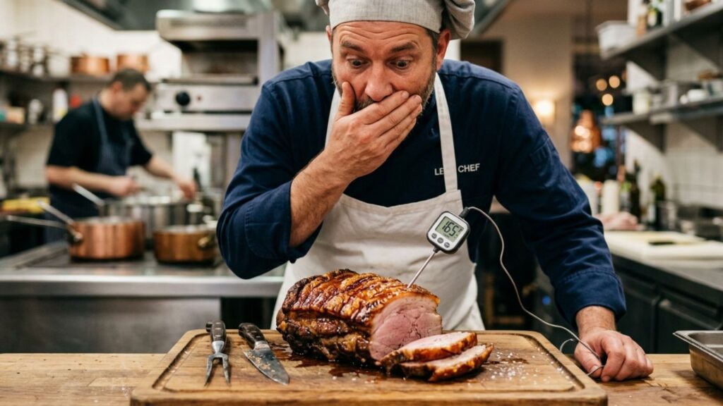 "Meat thermometer in Mangalitsa pork roast, resting on a cutting board.