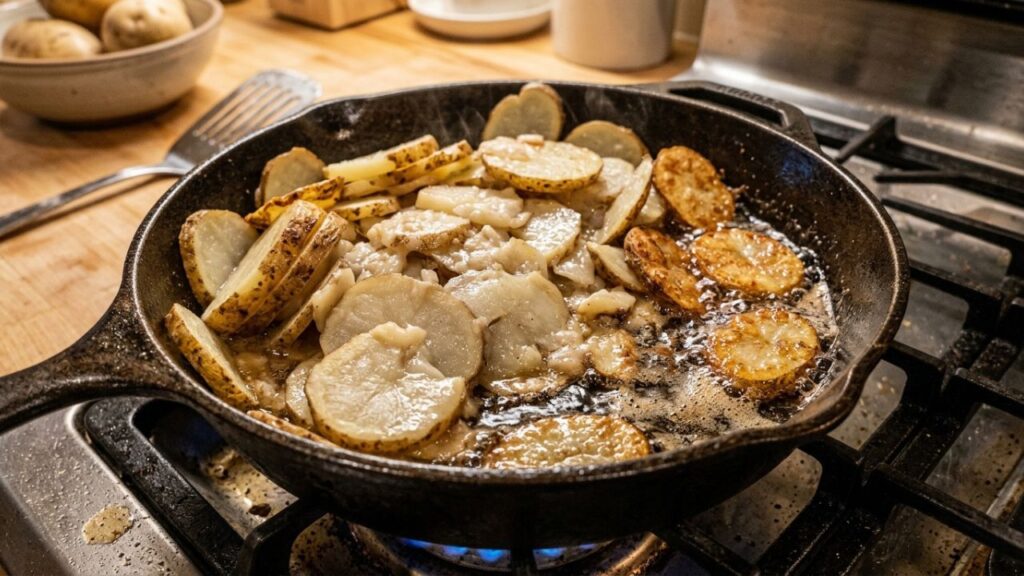 Beef tallow chips cooking in a pan with uneven slices and overcrowding