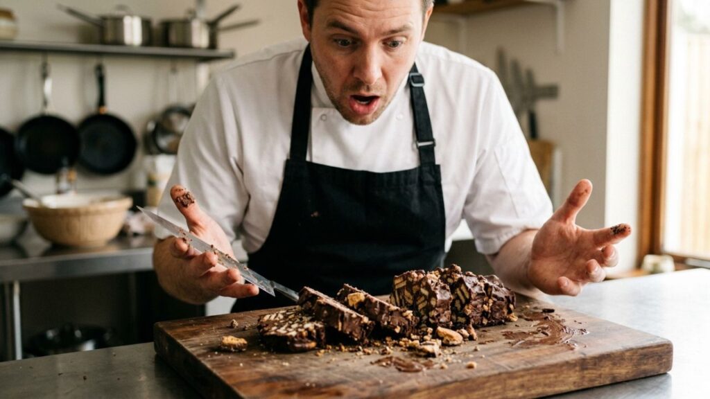 Mosaic cake with uneven and broken slices illustrating common mistakes.