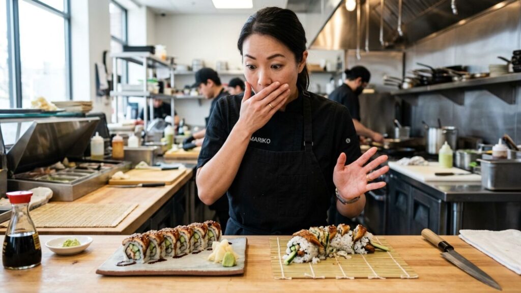  Comparison of improperly rolled and perfectly rolled eel cucumber rolls