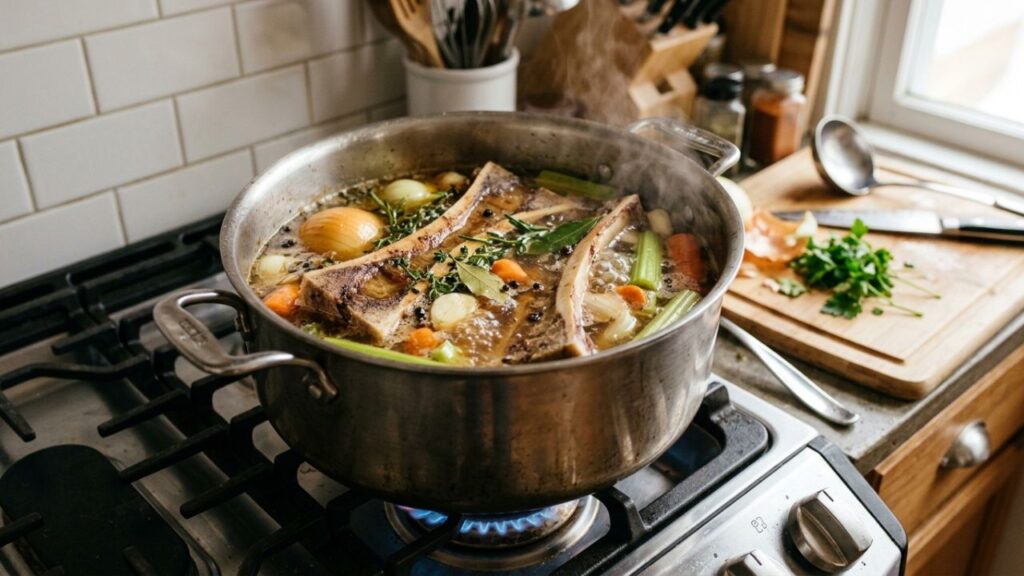  Soup bones and vegetables simmering in a pot.