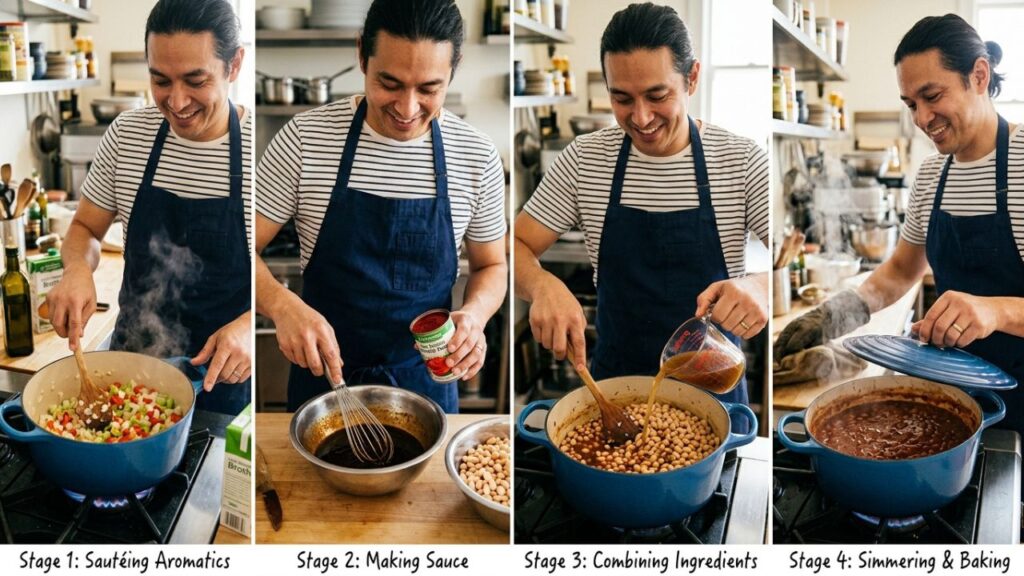 Low sodium baked beans cooking with sautéed vegetables in a pot.