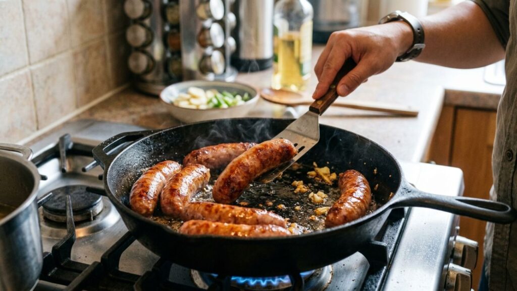 Taiwan sausages cooking in a skillet, showing caramelized edges.