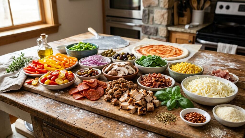 Fresh vegetables and protein toppings arranged for pizza
