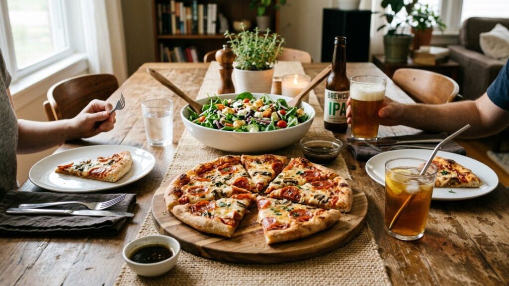  Pizza served with white wine and sparkling water