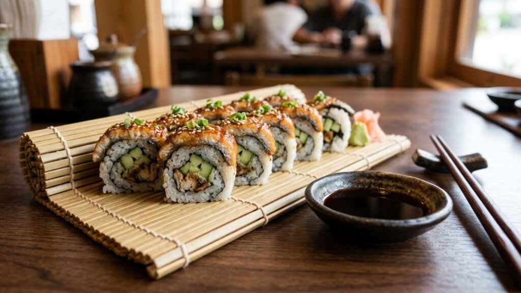 Sliced eel cucumber rolls on a bamboo mat