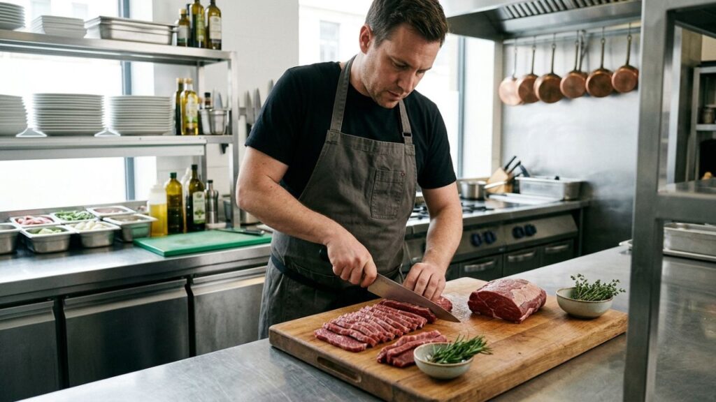 Beef being seasoned with spices in a pan