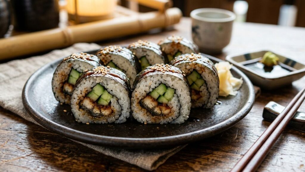  Sliced eel cucumber roll with eel and cucumber.