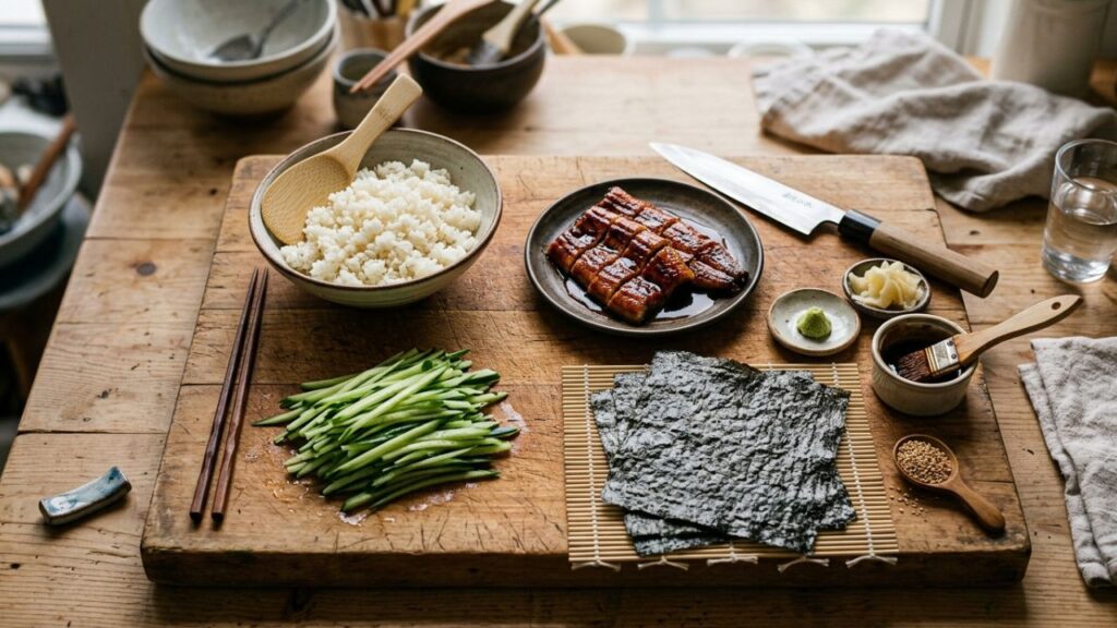 Sushi ingredients arranged on a cutting board.
