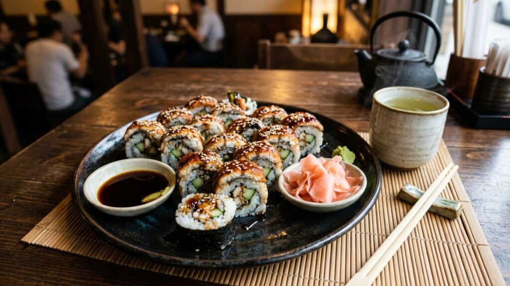 Sushi rolls on a platter with soy sauce and pickled ginger