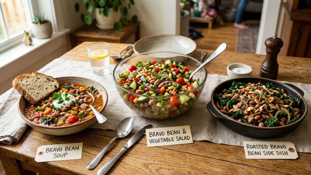 Various meals prepared with Bravo Beans, including soup, salad, and sides
