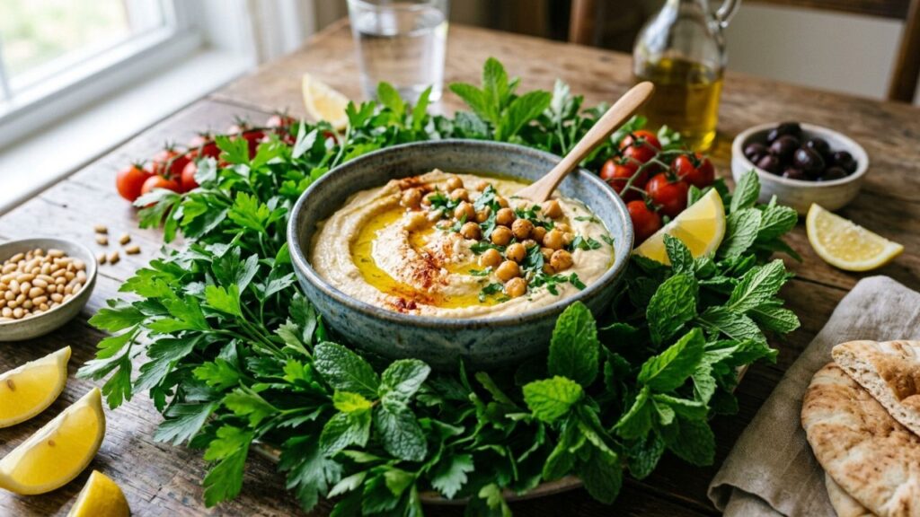 Hummus with fresh herbs.