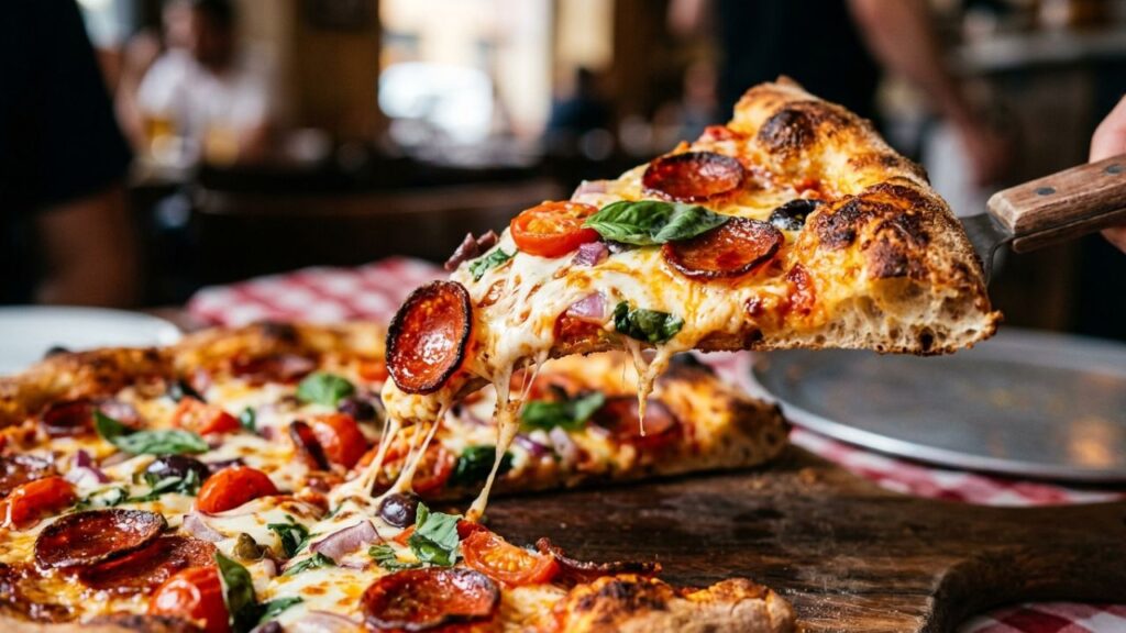 Close-up of a West Coast Pizza slice with melted cheese and fresh toppings