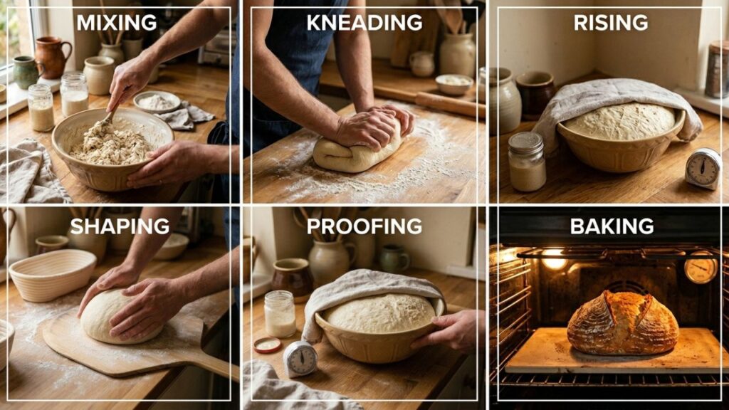 Hands preparing Stecca bread dough for the first rise.