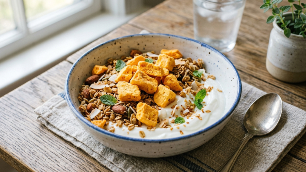 Freeze dried mango used as topping on yogurt and granola bowl