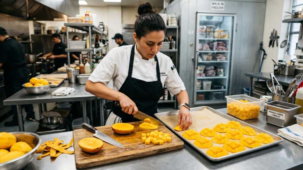 Mango slices placed on a tray ready for freeze drying process