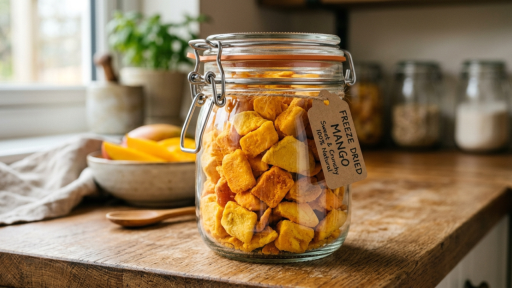Freeze dried mango stored in airtight glass jar