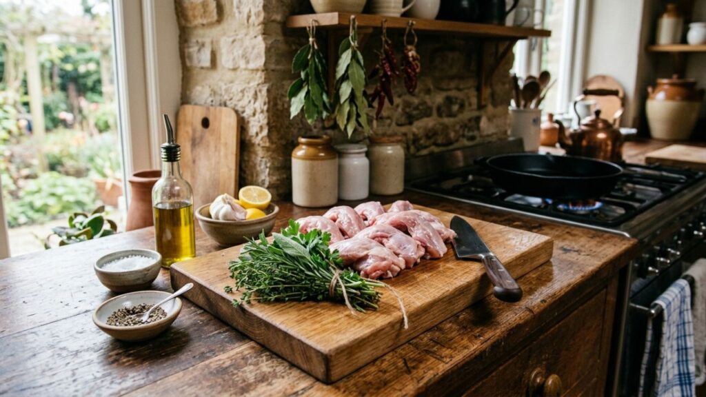 Fresh chicken backs with herbs on cutting board