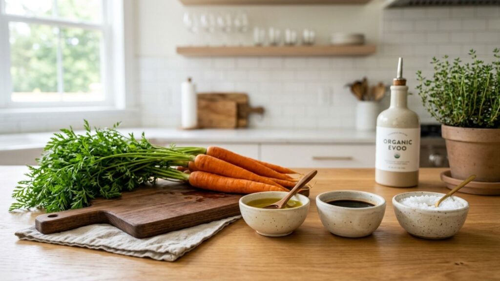 Carrots and salad ingredients on table