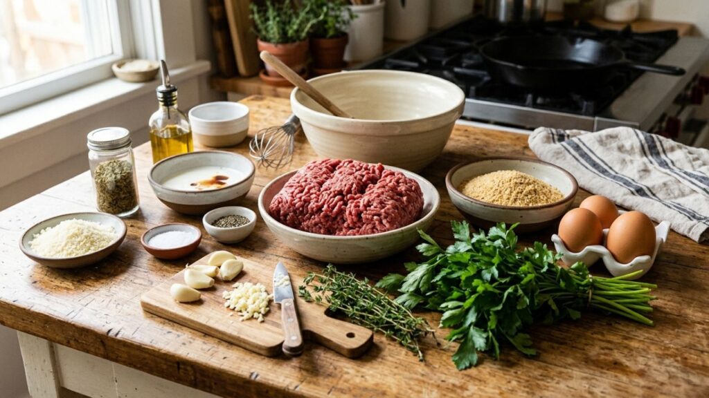 Fresh ingredients for meatballs laid out on a kitchen counter, ready for cooking