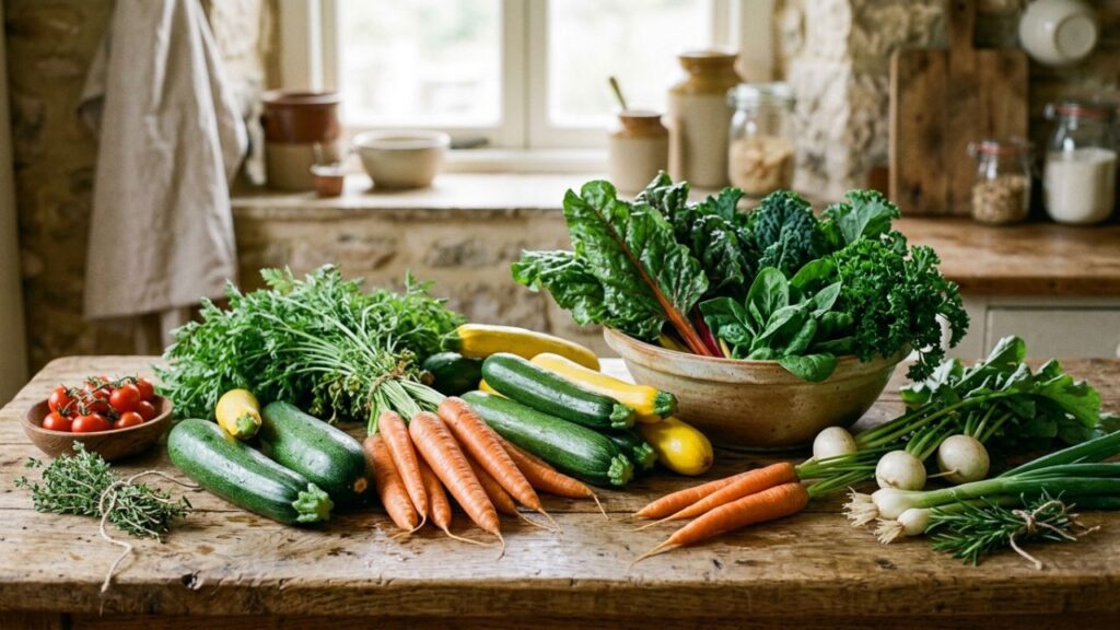 Vegetable du Jour Carrots, zucchini, and greens on a rustic counter.