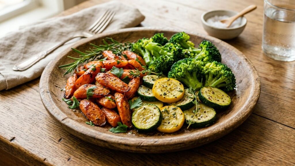 Plate of roasted and steamed seasonal vegetables.