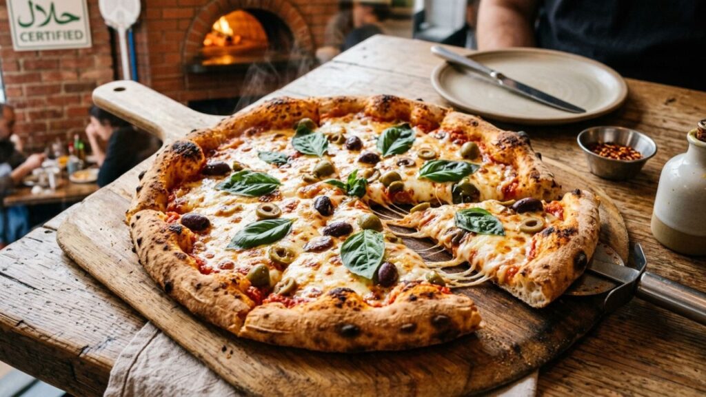 Halal cheese pizza with basil.