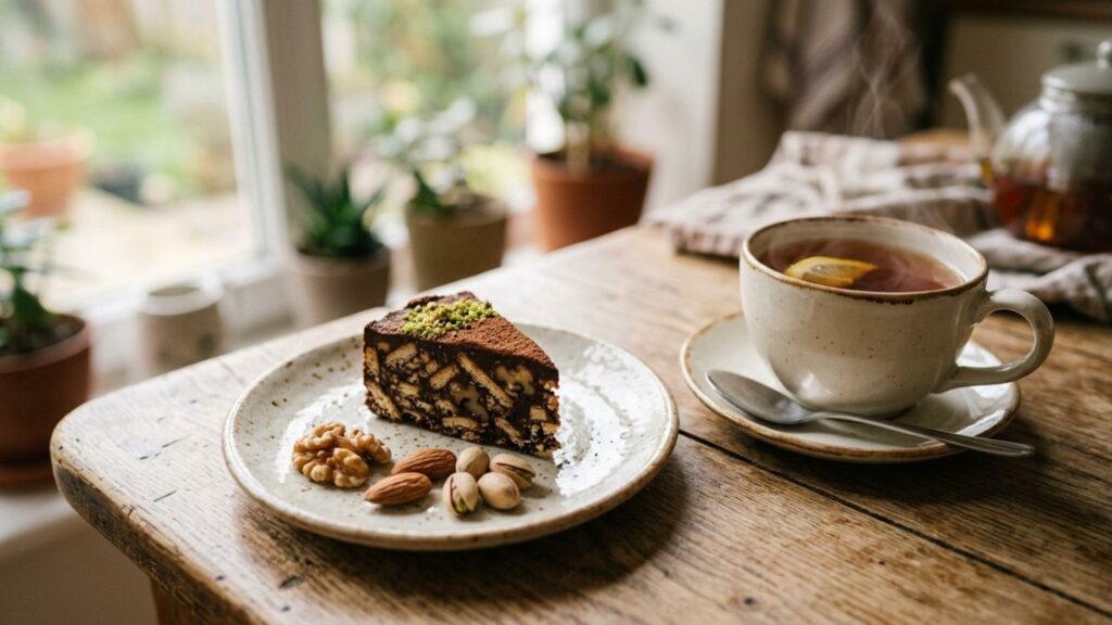 Small serving of mosaic cake with nuts and tea, showing mindful portion.