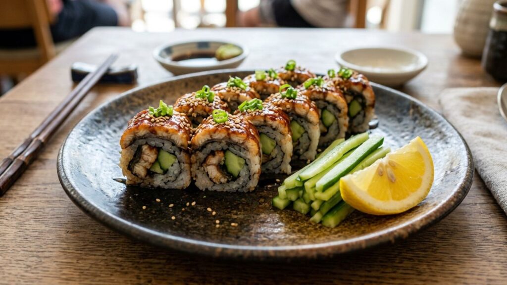 Eel cucumber rolls served with cucumber slices and lemon wedge.