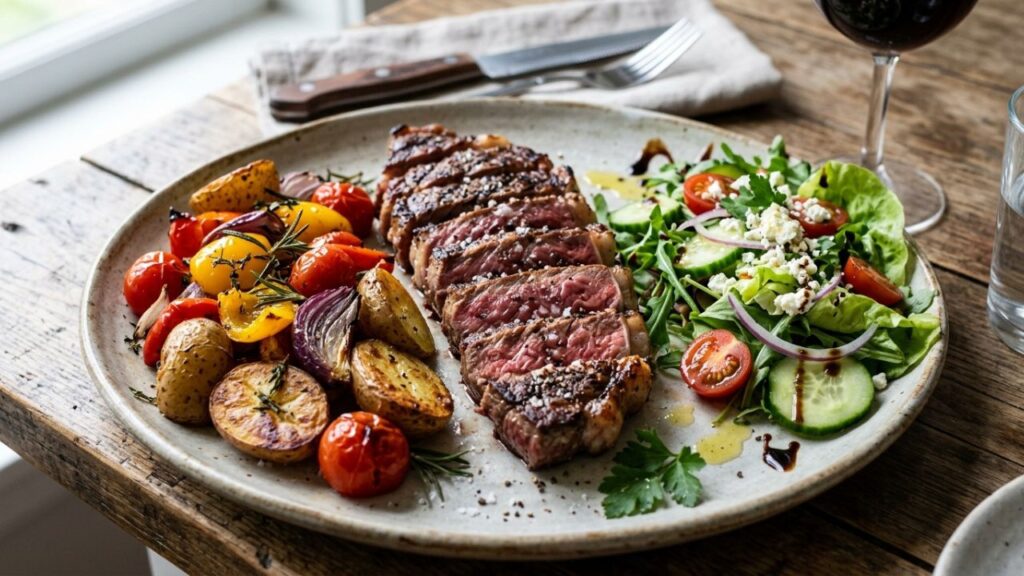  Healthy Galician Blond Steak served with vegetables.