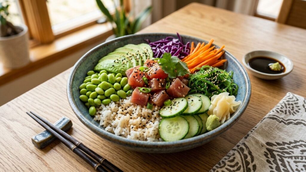 Healthy sushi bowl with rice
