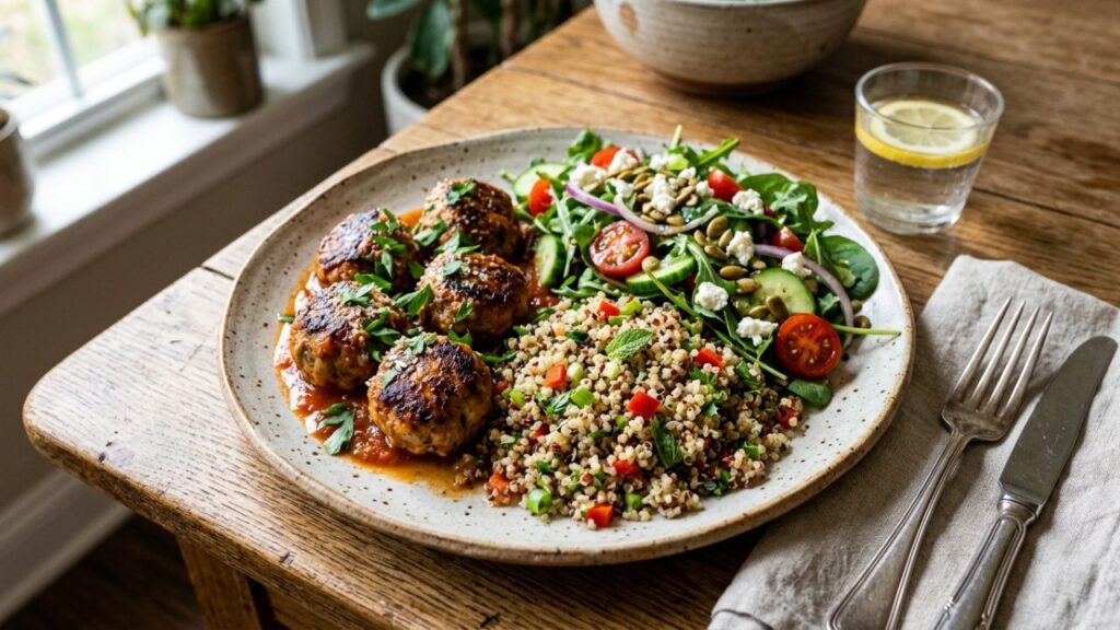 Healthy meatballs served with veggies and grains.