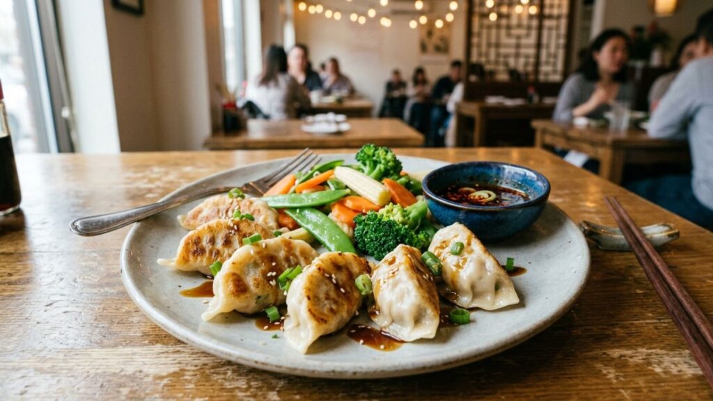 Peking ravioli served with vegetables.