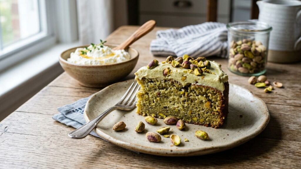 A slice of with a pistachio on the side