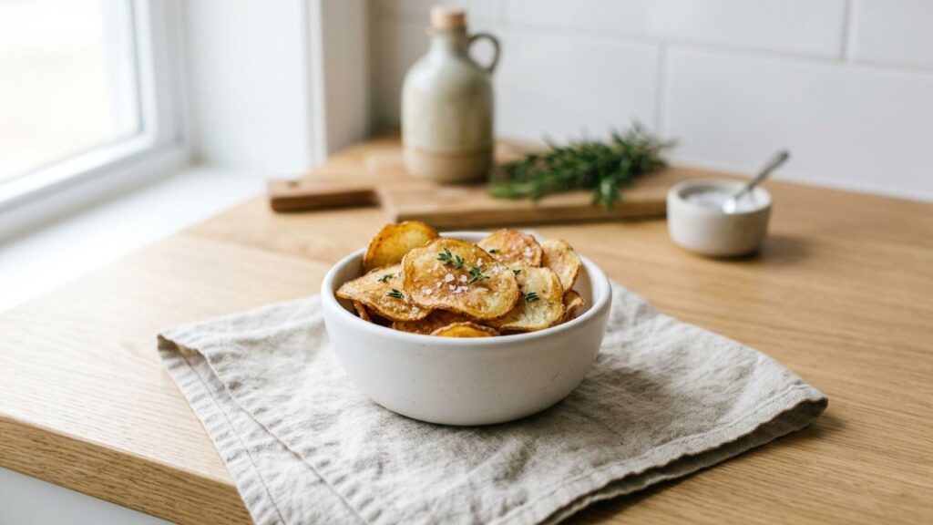 Homemade beef tallow chips served in a small bowl with a light portion