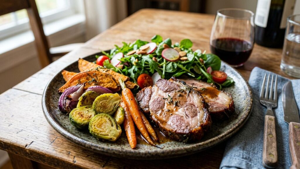 Served with a variety of colorful vegetables on a plate.