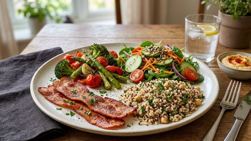 A nutritious meal with lean protein, fresh vegetables, and wholesome grains